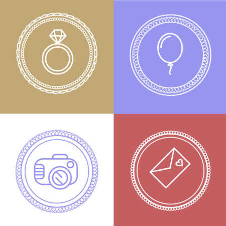 Linear wedding and icons. Outline design for invitations and greeting cards and other.のイラスト素材