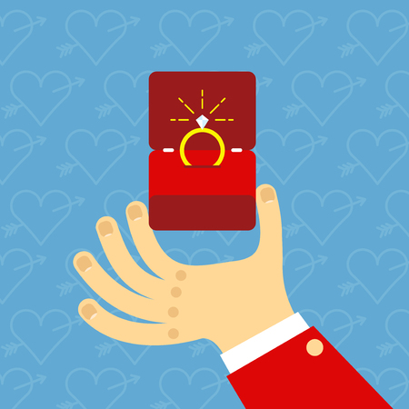Male hands holding engagement ring in flat style. For valentine day greeting card. Vector illustrationのイラスト素材