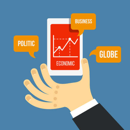 Vector mobile phone and hand with financial schedule in flat styleのイラスト素材