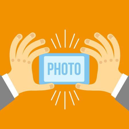 Vector mobile phone and hand in flat style. man makes the photoのイラスト素材