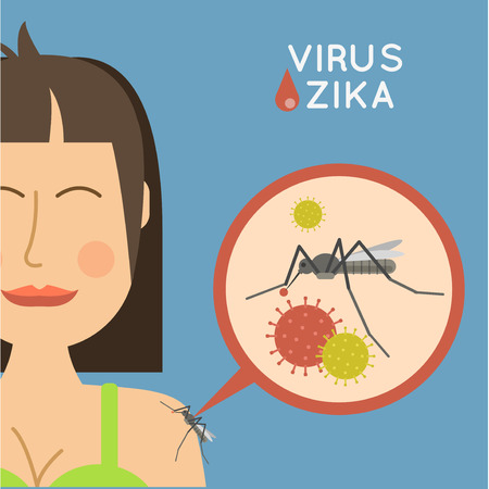Virus zika vector illustration. Mosquito infected with zika virus, infects a girl. Epidemic of zika virus. Risk of Contracting zika virus vector illustration.のイラスト素材