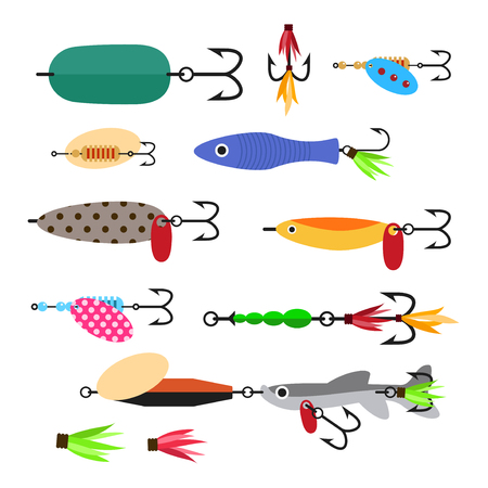 Fishing lure vector set. Fishing tools illustration. Fishing hook vector set. Fishing symbols. Fishing vector icon.のイラスト素材