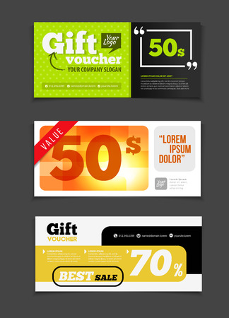 Gift voucher vector set. Sale voucher vector illustration. Store voucher with text. Shop voucher promotion. Restaurant voucher vector background. Voucher for print. Discount voucher design.のイラスト素材