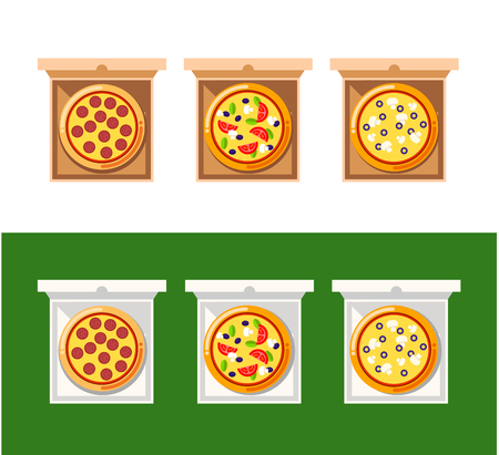 Pizza food box. Vector set of pizza icons isolated on delivery boxes. Pizza vector collection with cheese, mushrooms, sausage, bacon, salami, black olives, tomatoes and other.のイラスト素材