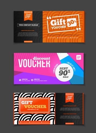 Gift voucher vector set. Sale voucher vector illustration. Store voucher with text. Shop voucher promotion. Restaurant voucher vector background. Voucher for print. Discount voucher design.のイラスト素材