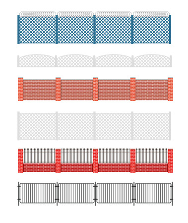 Fence vector illustration. Brick fence and wood fence. Fence around the house vector design. Security fence. Brick wall fence. Fence vector collection.のイラスト素材