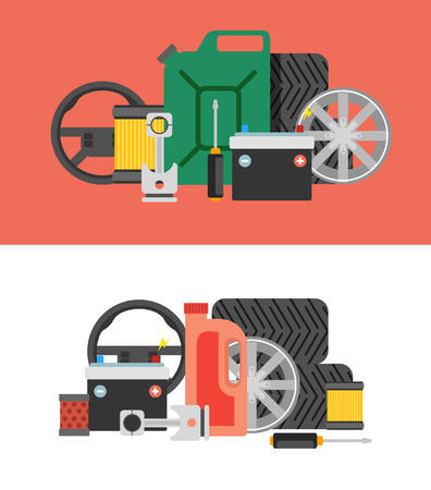 Car parts vector set. Car service vector icon set. Car parts shop banner. Car service. Tire service vector icon set. Repair car serviceのイラスト素材