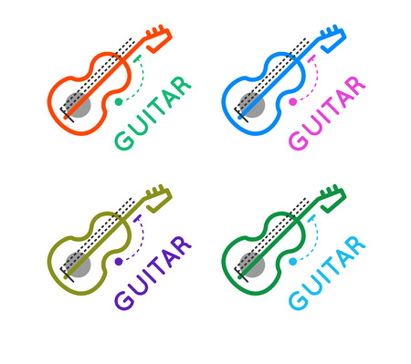 Guitar music shop vector logo. Guitar lessons icon. Outline guitar design. Guitar online store. Guitar vector icon set.のイラスト素材