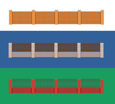 Fence vector illustration. Brick fence and wood fence. Fence around the house vector design. Security fence. Brick wall fence. Fence vector collection.のイラスト素材