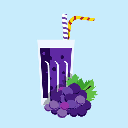 Fresh grape juice. Grape juice on blue background. Grape juice vector illustration. Grape fresh in a glass. Grape juice with tubule. Fresh juice for menu in cafe. Cold berry juiceのイラスト素材