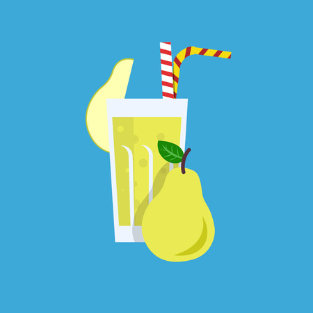 Fresh pear juice. Pear juice vector illustration. Pear fresh in a glass. Pear juice with tubule. Fresh juice for menu in cafe. Fresh pear juice in a glass. Summer drink with tubule. Cold juiceのイラスト素材