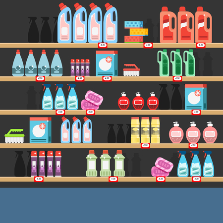 Cleaner on a shelf in a supermarket. Detergent shop.のイラスト素材