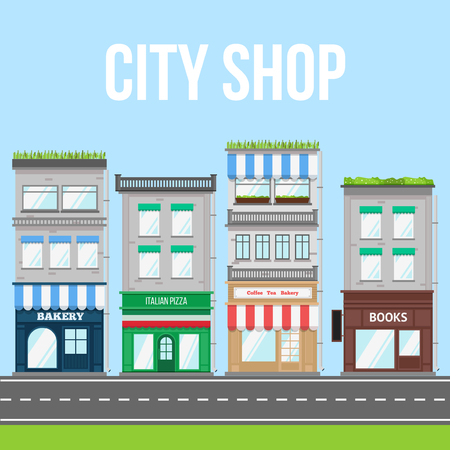 City street with shop, pizza cafe and bakery. Small business vector illustration.のイラスト素材