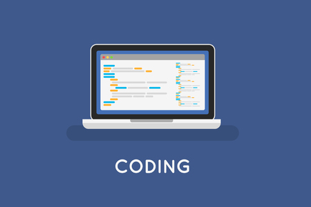 Coding php or html on laptop. Programming mobile app vector concept illustration.のイラスト素材