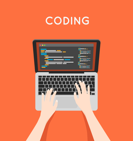 Coding php or html on laptop. Programming mobile app vector concept illustration.のイラスト素材