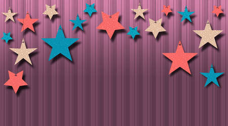 Background of paper stars hanging in front of a wall with wallpaper for Christmasの写真素材