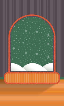 Wall with wallpaper and arched window frame with starry sky in the background in pastel colors for Christmas or gift wrapの写真素材