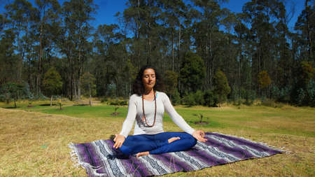 Young latin woman sitting doing yoga in the park on a blanket fabricの写真素材