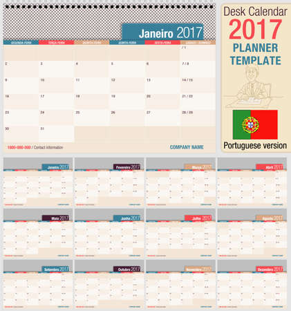 Useful desk calendar 2017 - Planner template. Format horizontal. Portuguese versionのイラスト素材