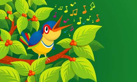 Lone bird singing on the branch of a tree on green background - Vector imageのイラスト素材
