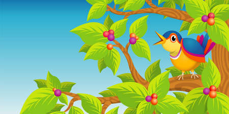 Lone bird singing on the branch of a tree on blue background - Vector imageのイラスト素材