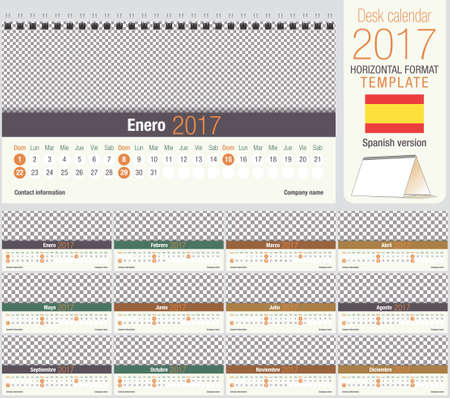 Useful desk triangle calendar 2017 template, ready for printing. Size: 220mm x 120mm. Format horizontal. Spanish versionのイラスト素材