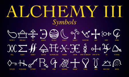 Set of Alchemy Symbols. It is an ancient practice shrouded in mystery and secrecy. Its practitioners mainly sought to turn lead into gold.のイラスト素材