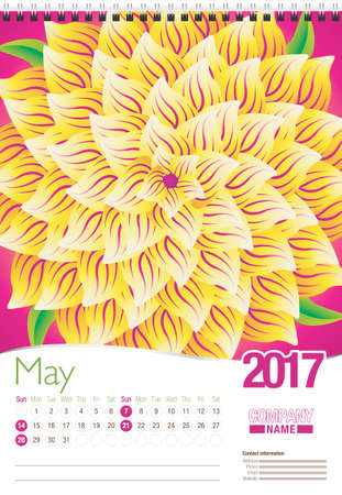 May wall calendar 2017 template with abstract floral design, ready for printing. Size: 297mm x 420mm. Format vertical. English versionのイラスト素材