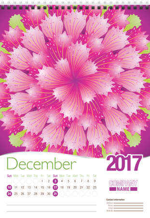 December wall calendar 2017 template with abstract floral design, ready for printing. Size: 297mm x 420mm. Format vertical. English versionのイラスト素材