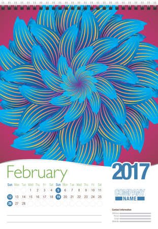 February wall calendar 2017 template with abstract floral design, ready for printing. Size: 297mm x 420mm. Format vertical. English versionのイラスト素材