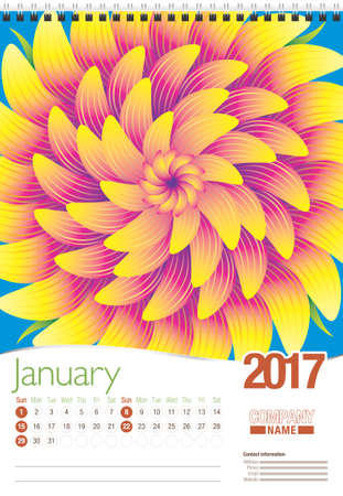 January wall calendar 2017 template with abstract floral design, ready for printing. Size: 297mm x 420mm. Format vertical. English versionのイラスト素材