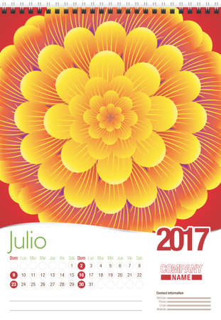 Julio -July in Spanish language- wall calendar 2017 template with abstract floral design, ready for printing. Size: 297mm x 420mm. Format vertical. Spanish versionのイラスト素材