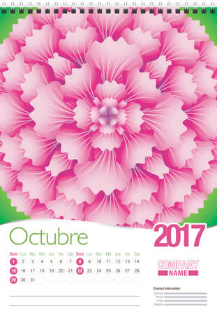 Octubre -October in Spanish language- wall calendar 2017 template with abstract floral design, ready for printing. Size: 297mm x 420mm. Format vertical. Spanish versionのイラスト素材
