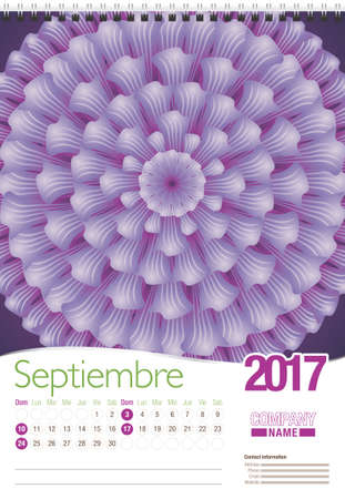 Septiembre -September in Spanish language- wall calendar 2017 template with abstract floral design, ready for printing. Size: 297mm x 420mm. Format vertical. Spanish versionのイラスト素材