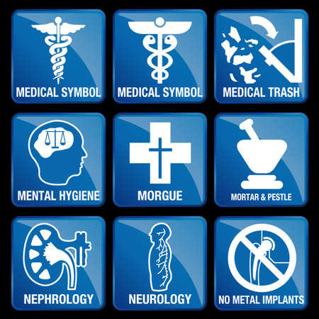 Set of Medical Icons in blue square background - MEDICAL SYMBOL, MEDICAL TRASH, MENTAL HYGIENE, MORGUE, MORTAR & PESTLE, NEPHROLOGY, NEUROLOGY, NO METAL IMPLANTSのイラスト素材