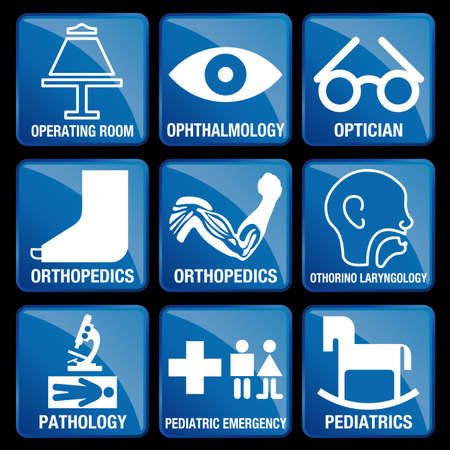 Set of Medical Icons in blue square background - OPERATING ROOM, OPHTHALMOLOGY, OPTICIAN, ORTHOPEDICS, otolaryngology, PATHOLOGY, PEDIATRIC EMERGENCY, PEDIATRICSのイラスト素材