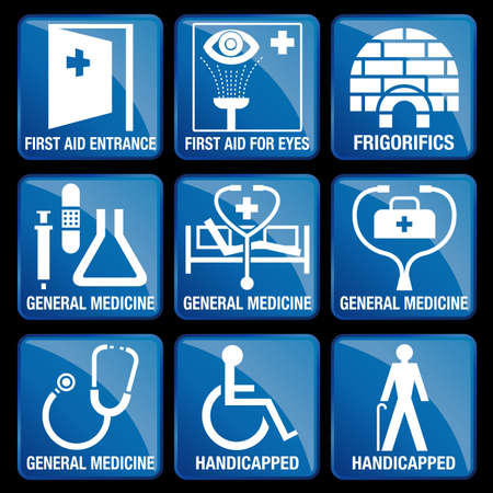 Set of Medical Icons in blue square background - FIRST AID ENTRANCE, FIRST AID FOR EYES, FRIGORIFICS, GENERAL MEDICINE, HANDICAPPEDのイラスト素材
