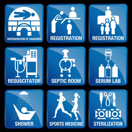 Set of Medical Icons in blue square background - REFRIGERATION OF CADAVERS, REGISTRATION, RESUSCITATOR, SEPTIC ROOM, SERUM LAB, SHOWER, SPORTS MEDICINE, STERILIZATIONのイラスト素材