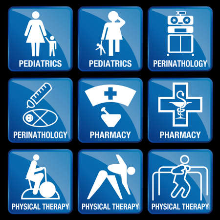 Set of Medical Icons in blue square background - PEDIATRICS, PERINATOLOGY, PHARMACY, PHYSICAL THERAPYのイラスト素材