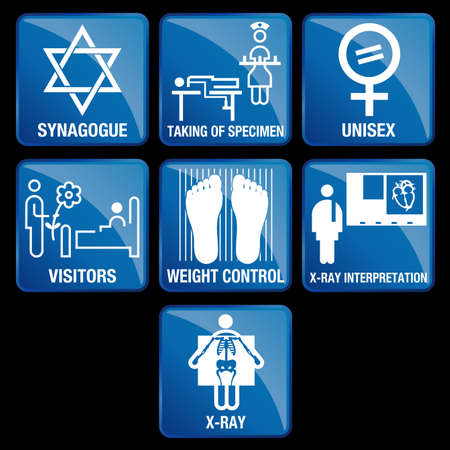 Set of Medical Icons in blue square background - SYNAGOGUE, TAKING OF SPECIMEN, UNISEX, VISITORS, WEIGHT CONTROL, X-RAY INTERPRETATION, X-RAYのイラスト素材