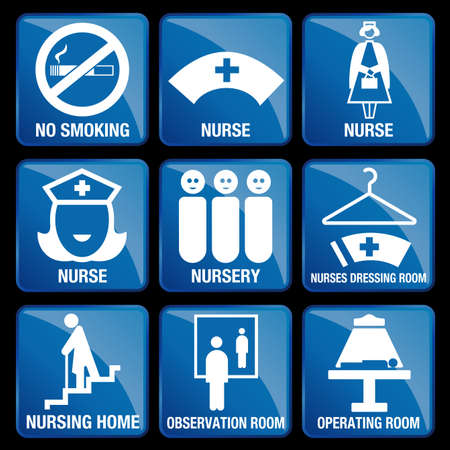 Set of Medical Icons in blue square background - NO SMOKING, NURSE, NURSERY, NURSES DRESSING ROOM, NURSING HOME, OBSERVATION ROOM, OPERATING ROOMのイラスト素材