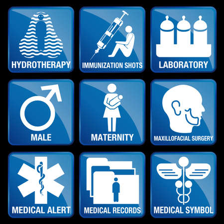 Set of Medical Icons in blue square background - HYDROTHERAPY, IMMUNIZATION SHOTS, LABORATORY, MALE, MATERNITY, MAXILLOFACIAL SURGERY, MEDICAL ALERT, MEDICAL RECORDS, MEDICAL SYMBOLのイラスト素材