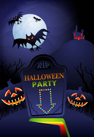 Night landscape with tombstone, bats, trees, pumpkins and haunted house - Halloween backgroundのイラスト素材
