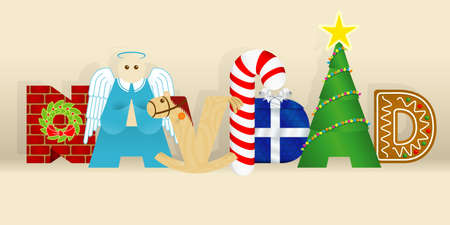 Word NAVIDAD -CHRISTMAS in Spanish language- consisting of a wall, an angel, a wooden horse, a candy cane, a gift, a decorated tree and a gingerbread cookieのイラスト素材