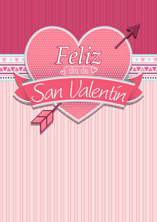 Card cover with message: Feliz Dia de San Valentin -Happy Valentines Day in Spanish language- on a red heart surrounded with pink ribbon on a pink background - Vector imageのイラスト素材