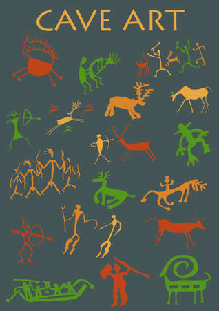 Set of Cave Art in gray background - Vector imageのイラスト素材