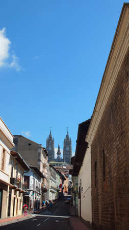 Quito, Pichincha / Ecuador - January 22 2016: Street view in the Historic Center of Quito with the Basilica of the National Vow in backgroundのeditorial素材