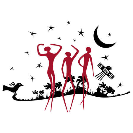 Silhouette of jungle in black color with silhouette of three people in red colorのイラスト素材