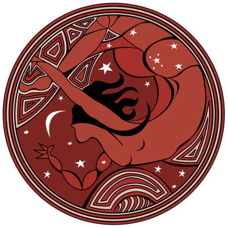 Circular logo with silhouette of a woman flying at night in red colorのイラスト素材