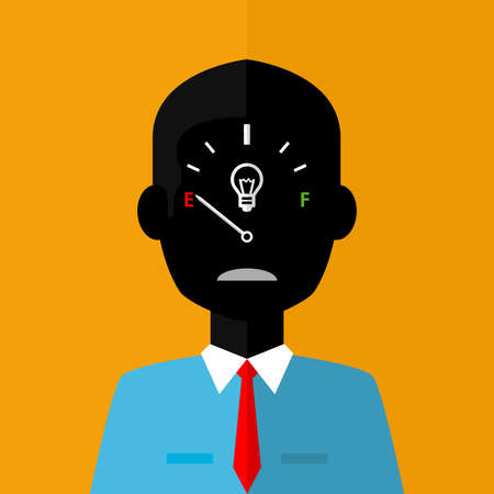 Black silhouette of sad businessman with low creativity gage concept icon on face on orange backgroundのイラスト素材